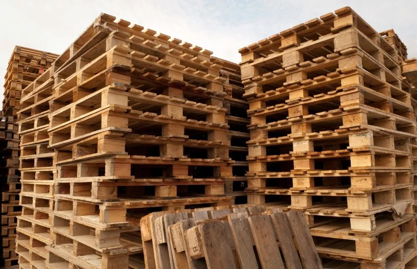 Pilas de palets de madera apilados en un almacén exterior, ejemplo de cómo un error al manipular palets puede provocar inestabilidad y riesgos logísticos.
