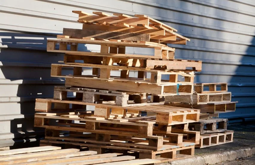 Palet europeo sencillo o semifuerte apilado en exterior, muestra visual de distintos tipos y estados de uso.