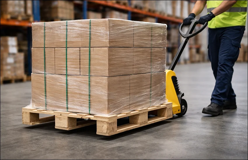 Operario desplazando un palet europeo homologado en una zona de expedición para ilustrar su uso seguro en logística.