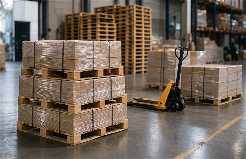 Palet europeo homologado en un almacén logístico listo para carga y expedición de mercancía