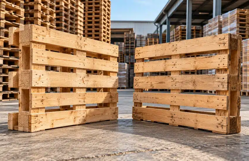 Palets europeos y americanos de madera en un almacén industrial, mostrando diferentes estructuras para el suministro logístico.